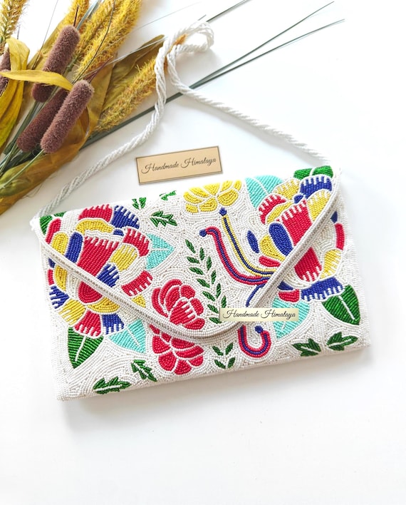Colorful Floral Beaded Clutch Purse Handmade Crossbody Wedding Bride Bag Boho Bridal Evening Handbag