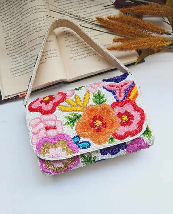 Handmade Floral Beaded Handbag, Colorful Embroidered Purse with Detachable Strap, Crossbody Bag, Boho Summer Clutch, Vibrant Gift for Her