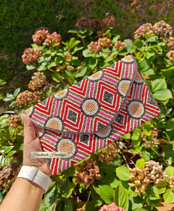 Red Beaded Clutch, Colorful Pattern Purse, Crossbody Bag, Beaded Bag, Party Purse, Evening Clutch, Prom Purse, Wedding Clutch, Sling Handbag