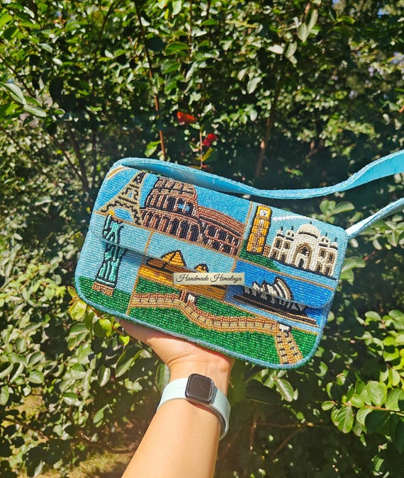 World Travel Beaded Bag | Famous Landmarks Vacation Handbag