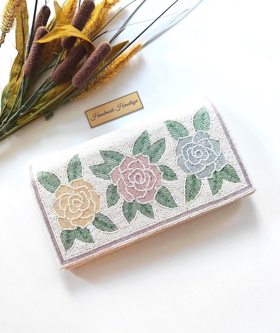 White Floral Beaded Bag | Pink and Gold Rose Bridal Wedding Handbag | Ivory Evening Purse