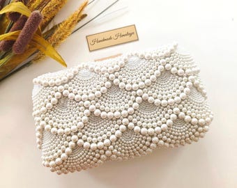 Pearl Beaded Wedding Clutch | Ivory Scalloped Bridal Purse