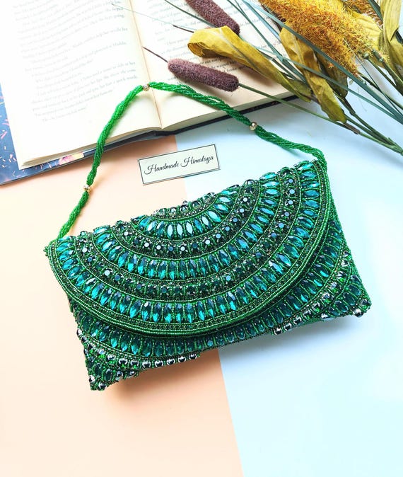 Green Clutch, Beaded Purse, Crossbody Purse, Party Bag, Evening Clutch, Green Beaded Clutch, Crystal Clutch, Nikah Wedding Purse, Emerald