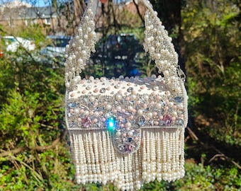 Beaded Clutch Purse, RhineStones Beaded Purse, White Wedding Purse, Beaded Purse, Embroidered Purse, Party Purse, Party Bag, Evening Bag