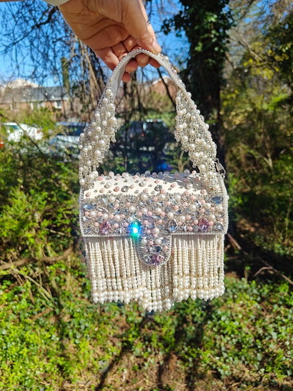 Ivory Bridal Bag, Crystal Embellished Beaded Handbag, Pearl Fringes Rhinestones Embroidered, Wedding Day Purses, Evening Bags