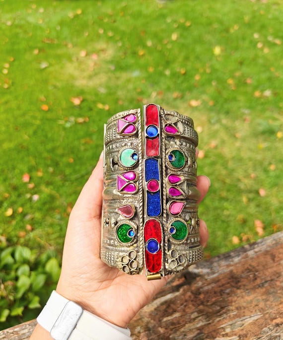 Vintage Afghan Cuff Bracelet, Multicolor Stone Brass Bangle, Kuchi Tribal Jewelry