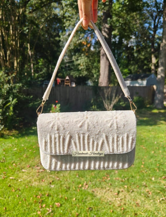 White Beaded Floral Shoulder Bag: Handmade Wedding Clutch