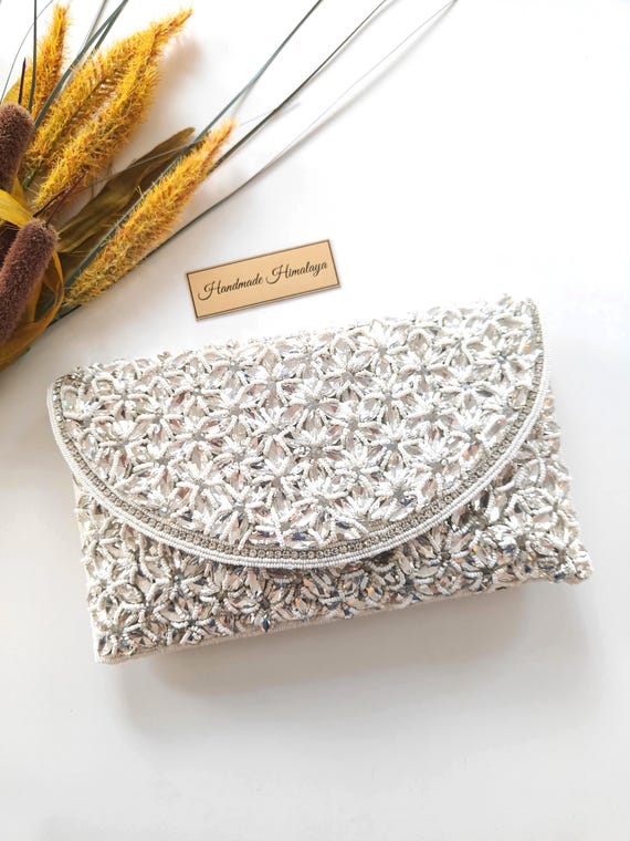 White Crystal Bridal Clutch | Beaded Wedding Purse Crossbody | Formal Evening Bag for Bridesmaids