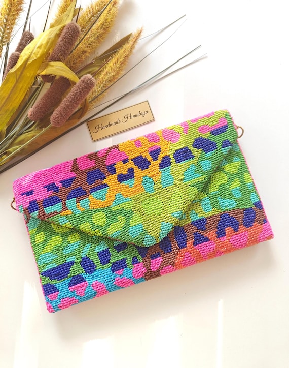 Colorful Beaded Clutch | Neon Pink Green Animal Print Party Bag | Cheetah Pattern Festival Crossbody