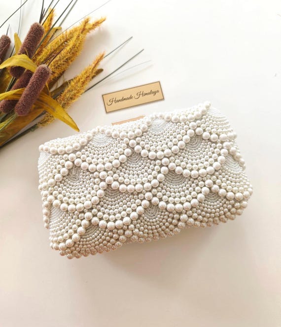 Pearl Beaded Bridal Clutch | Scalloped Crossbody Wedding Purse Bag
