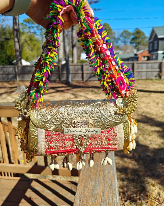 Gold Brass Clutch, Floral Engraved Brass Bag Kuchi Banjara Vintage Metal Crossbody Indian Purses