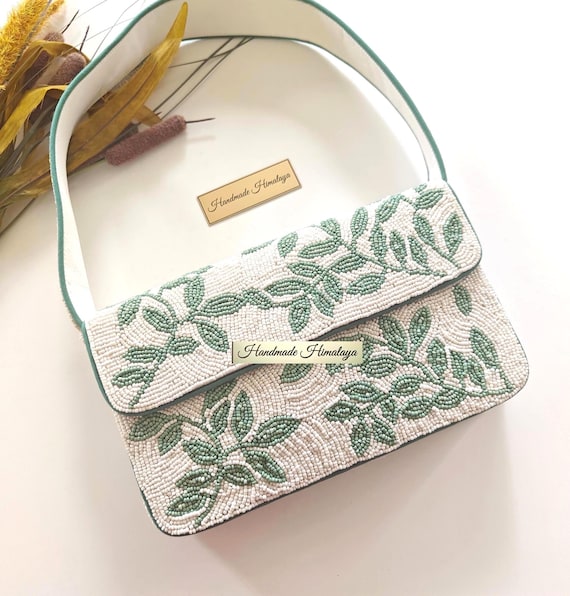 Sage Green Beaded Bag | White Floral Bridal Wedding Purse