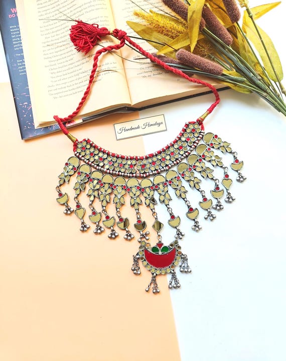 Vintage Kuchi Tribal Necklace | Afghan Glass Pendant | Indian Mirror Choker Jewelry