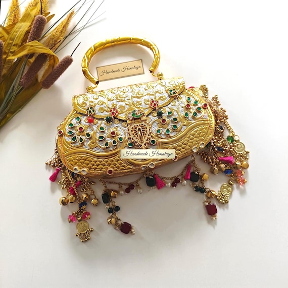 Dual Tone Brass Purse | Indian Bridal Wedding Metal Purse Kundan Evening Bag