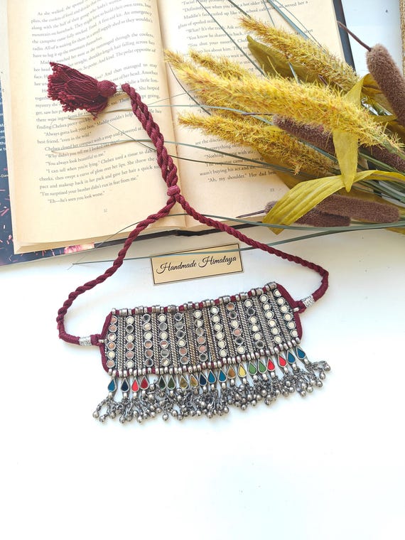 Vintage Kuchi Mirror Choker | Afghan Tribal Necklace | Colorful Banjara Festival Jewelry