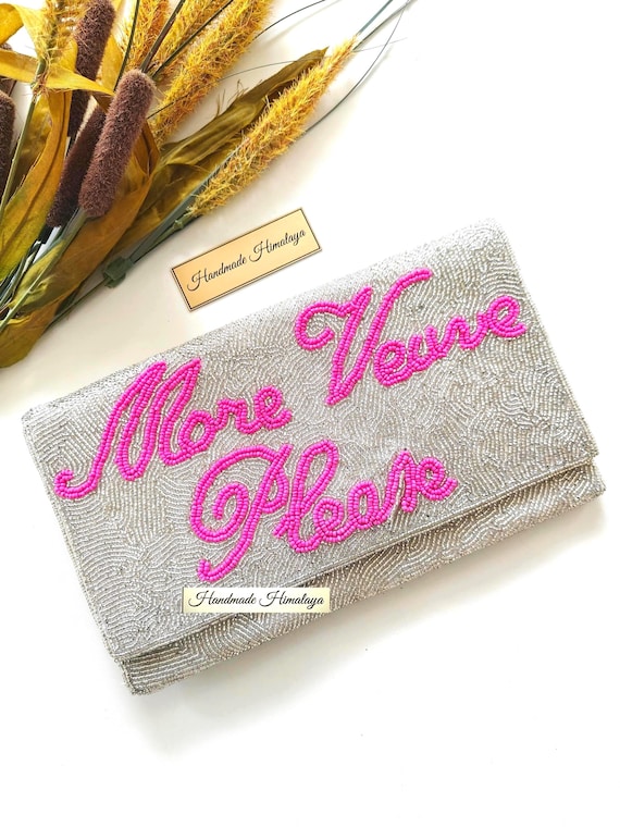 More Veuve Please Beaded Clutch | Silver Champagne Bag | Bachelorette Party Pink Purse