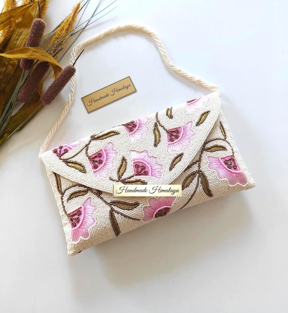 Pink Floral Beaded Clutch | White Bridal Wedding Purse Floral Evening Bag