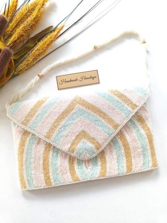 Pastel Beaded Clutch | Chevron Envelope Purse | Mint Gold Bridal Evening Bag