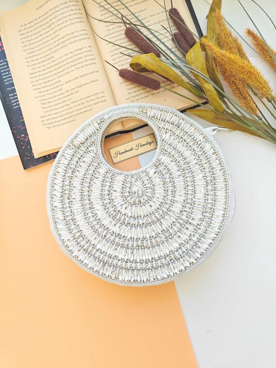 White Beaded Bag, Ivory Bride Wristlet, Crossbody Sling Handbag, Wedding Clutch, Crystal Embellished Purse, Party Evening Clutch,Bridal Gift