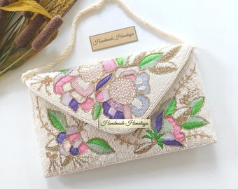 Colorful Floral Beaded Clutch Bridal Wedding Crossbody Purse