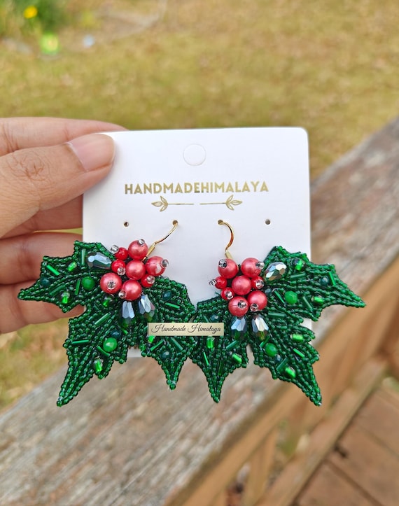 Handmade Beaded Holly Leaf Christmas Earrings Festive Holiday Jewelry