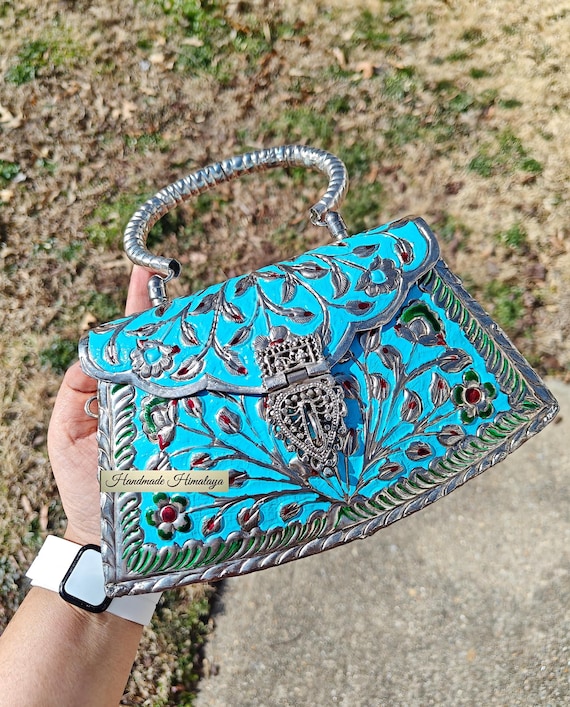 Blue Silver Metal Clutch, Hand Engraved Enamel Handbag, Vintage Indian Bag, Wedding Evening Purse Colorful