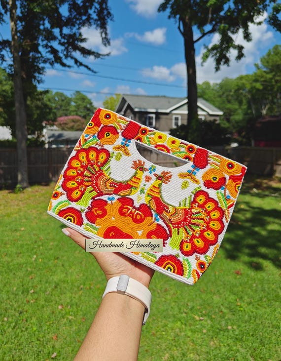 Peacock Clutch, Orange Beaded Purse, Crossbody Bag, Party Evening Clutch, Bird Beaded Clutch, Summer Bag, Beaded Purse, Gift for Her