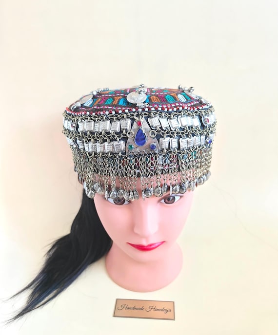 Afghan Tribal Halima Sultan Headpiece | Embellished Kuchi Belly Dance Women Cotton Cap Large Size