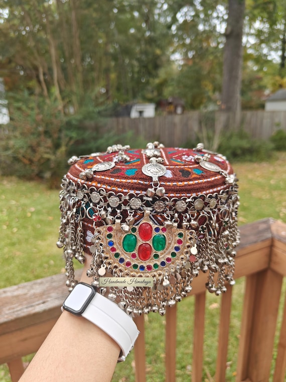 Embroidered Afghan Halima Sultan Cap: Vintage Tribal Belly Dance Brown Headpiece Afghan Hat