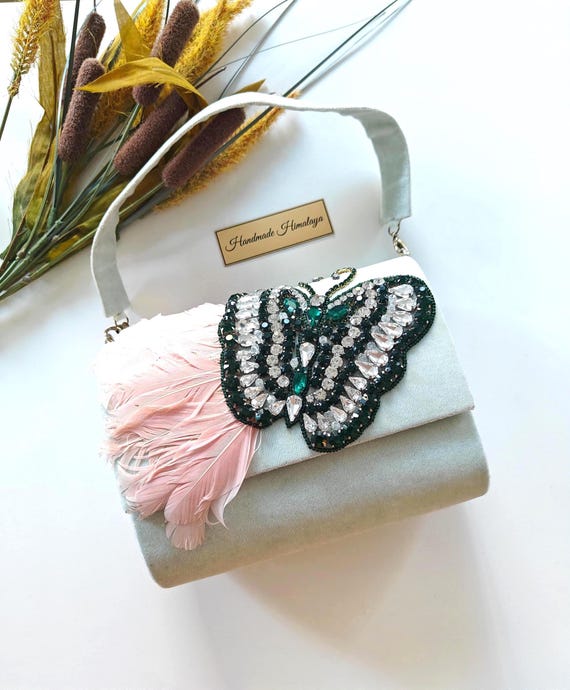 Mint Green Butterfly Embroidered Suede Clutch, Pastel Evening Purse, Wedding Guest Handbag
