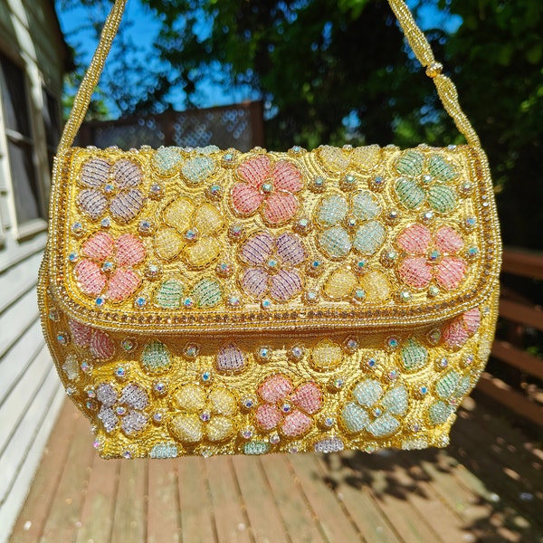 Floral Beaded Clutch, Golden Yellow Bag, Pastel Colors Purse, Top Handle Handbag, Crossbody Purse Bag, Gift for Her, Evening Party Bag