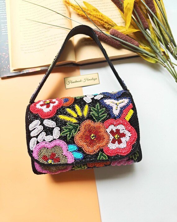 Flower Beaded Bag, Black Colorful Embroidered Purse, Boho Statement Clutch, Vibrant Floral Handbag for Parties Events, Gift for Her