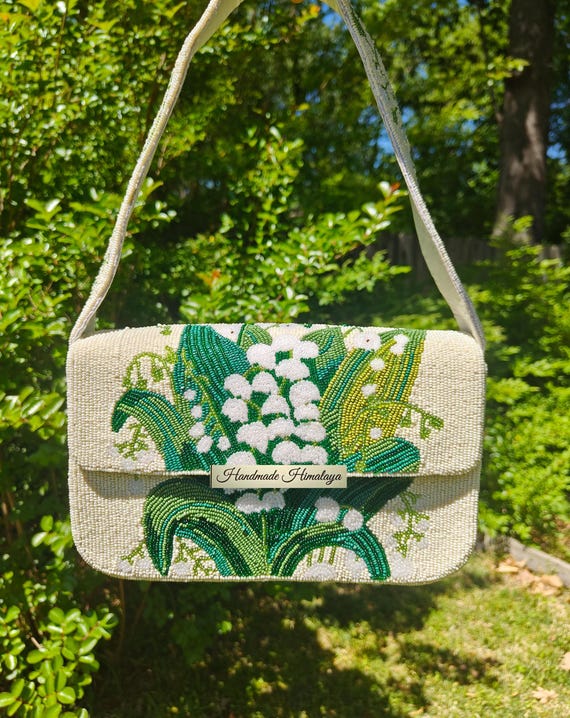 Lily of the Valley Beaded Bag, Handmade White Green Bridal Floral Shoulder Purse