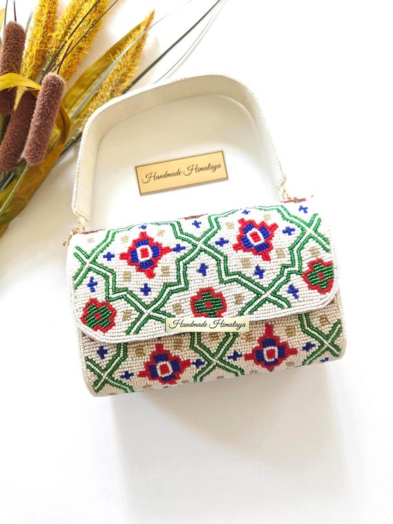 Patola Beaded Clutch, White Floral Boho Evening Bag, Indian Wedding Purse