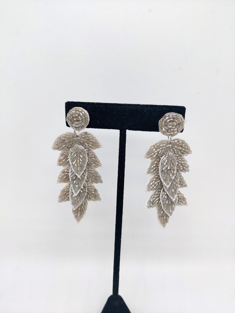 Bridal Beaded Earrings White Beaded Leaf Earrings Wedding Etsy