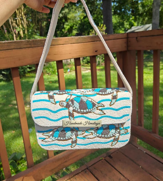 Beaded Turtle Bag, Beaded Shoulder Bag, Ocean Purse, Beach Vacation Handbag, Nautical Purse, Summer Bag, Gift for Her, Blue Beaded Bag