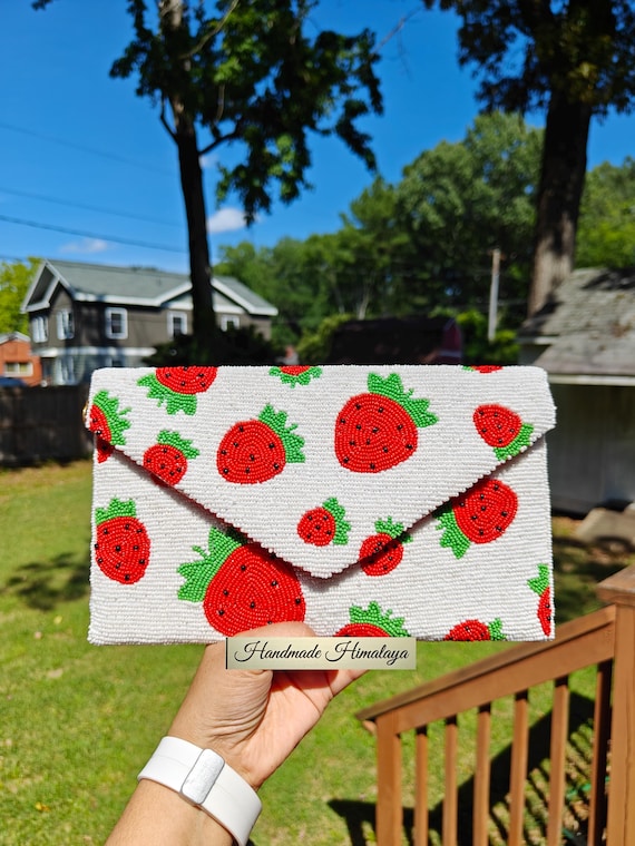 Strawberry Clutch, Beaded Purse, Crossbody Bag, Party Evening Bag, Summer Bag, Fruit Beaded Bag, Beaded Clutch, Prom Purse, Picnic Fruit Bag