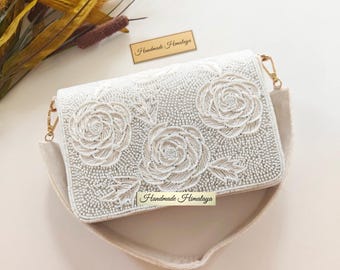 White Beaded Wedding Clutch | Ivory Flower Bridal Purse