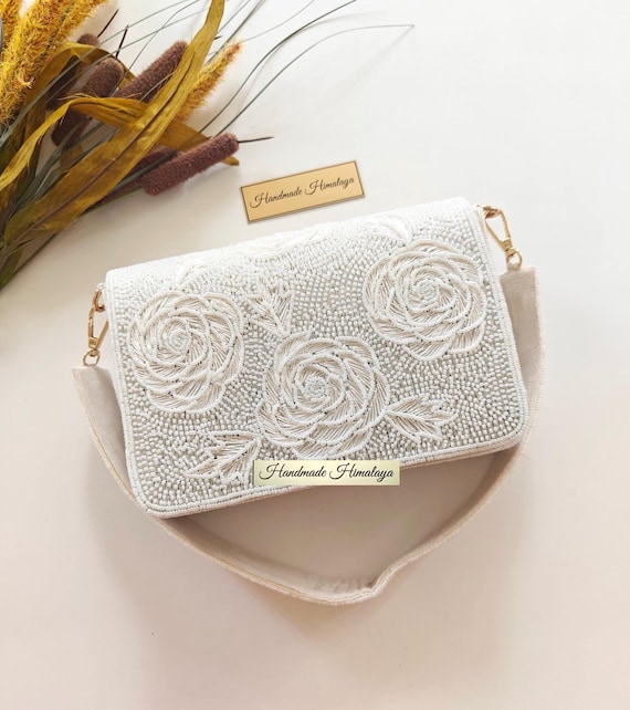 White Beaded Wedding Clutch | Ivory Flower Bridal Purse