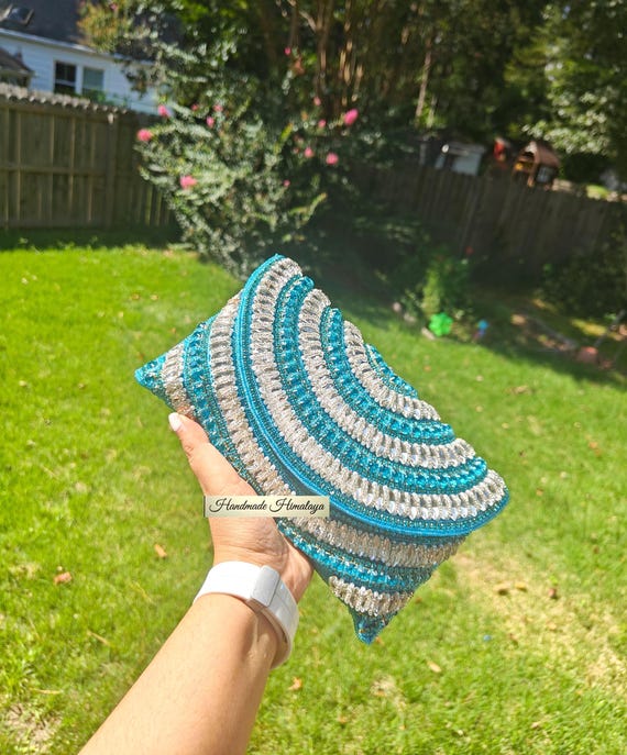 Sky Blue Silver Beaded Clutch Bag,  Crystal Evening Wedding Purse with Chain