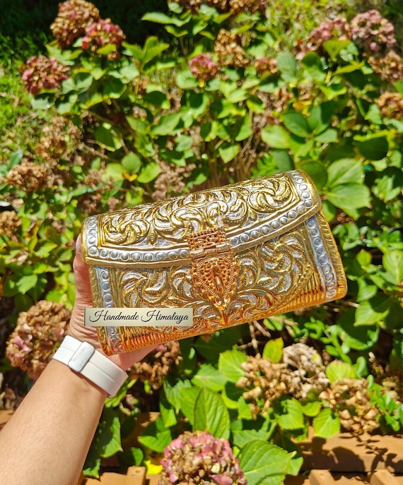 Dual Tone Brass Clutch Metal Purse in Gold Silver Antique Style with Crossbody Strap Rectangle Bag