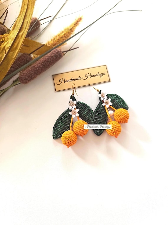 Orange Beaded Earrings | Citrus Fruit Statement Dangles