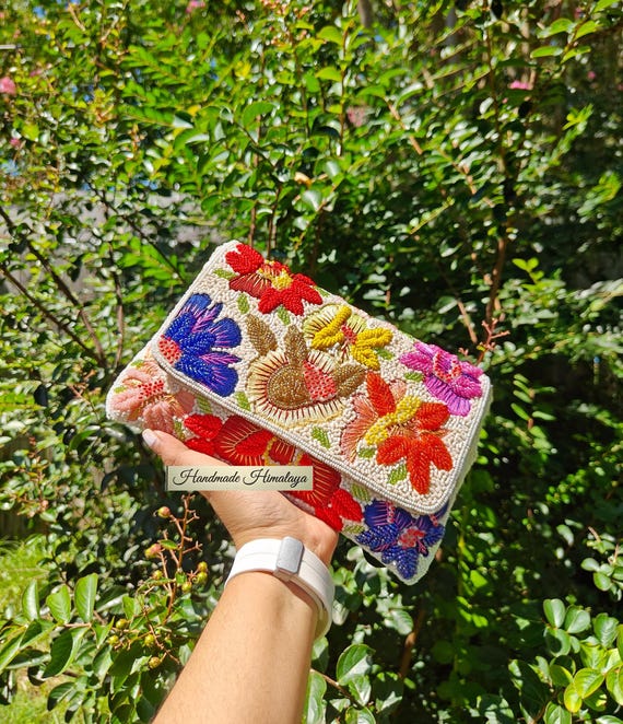 White Beaded Clutch, Colorful Flower Purse, Crossbody Bag, Party Evening Bag, Summer Purse, Embroidered Floral Bag, Beaded Bag, Beaded Purse