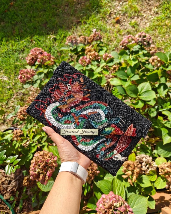 Black Beaded Dragon Clutch: Seed Bead Evening Bag