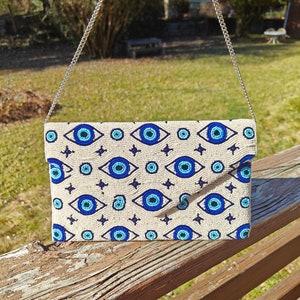 Blue Evil Eye Clutch, Crossbody Bag, Evening Clutch, Wedding Clutch, Mal De Ojo, Blue White Bride Purse, Summer Clutch, Beaded Purse