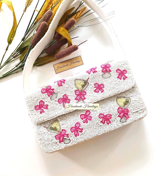Martini and Pink Bow Beaded Bag, Bachelorette Party Handbag, White Cocktail Beaded Purse, Evening Shoulder Bag