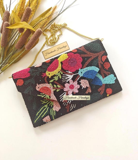 Bird Floral Beaded Clutch, Colorful Handmade Evening Bag, Unique Statement Purse