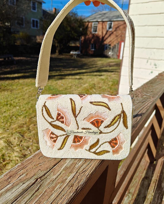 Peach Floral Beaded Bag | Ivory White Wedding Bridal Purse