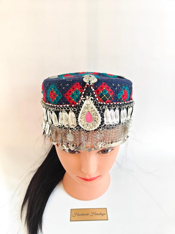 Embroidered Afghan Mathapati Cap: Halima Sultan Style Jewel Embellished Blue Hat