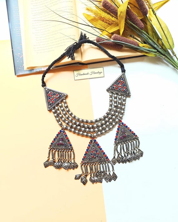 Vintage Kashmiri Necklace, Silver Tribal Choker, Ethnic Pendant Boho Jewelry